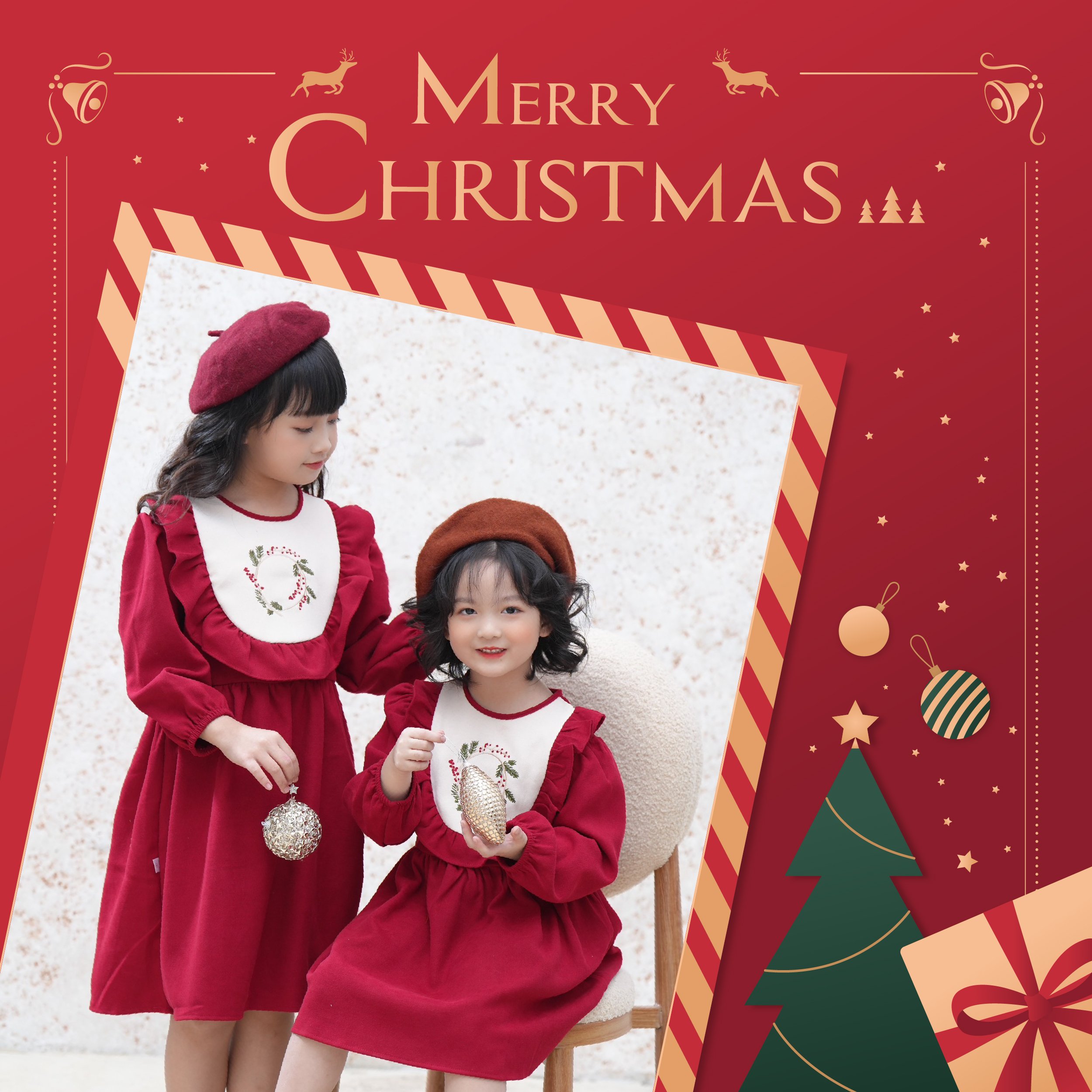 Set Noel: Vest lửng phối sơ mi váy mini sọc đỏ trắng - LaKing House