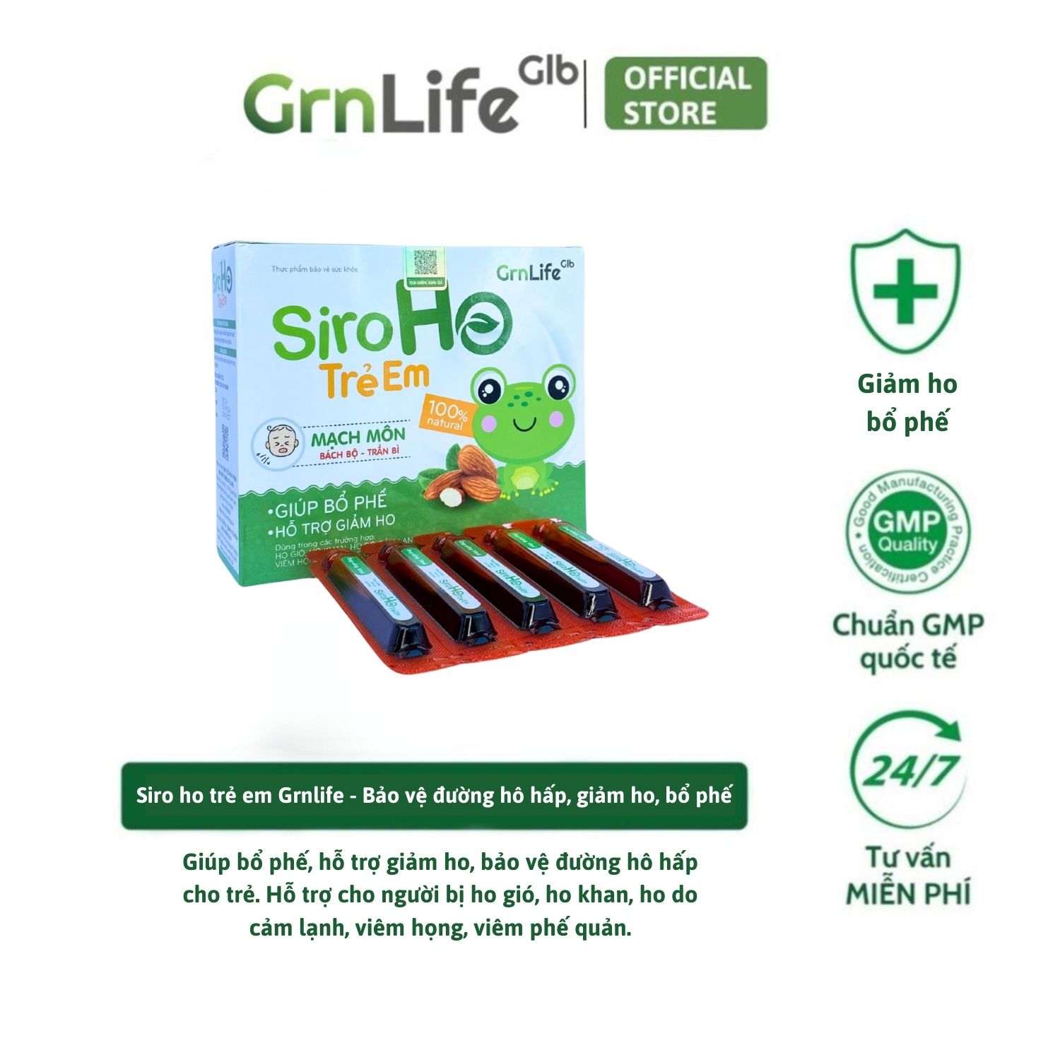 Siro ho trẻ em Grnlife - Hỗ trợ giảm ho, giúp bổ phế, tăng cường hệ miễn dịch (Hộp 20 ống)