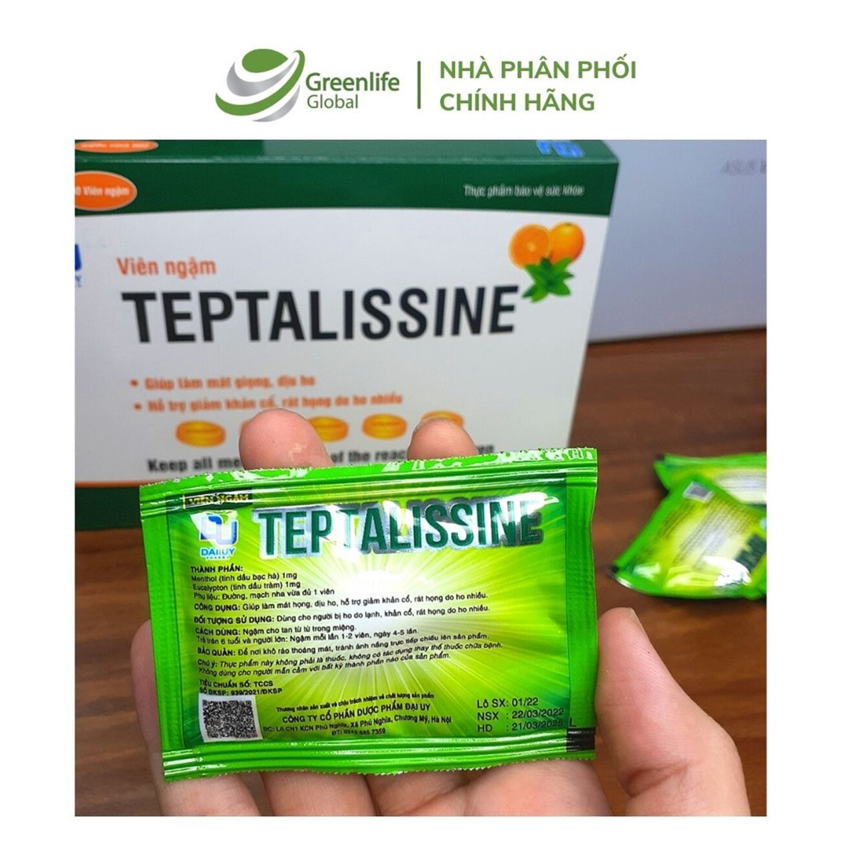Kẹo ngậm ho Teptalissine DAI UY - Hỗ trợ giảm rát họng, khản tiếng, dịu họng (vị bạc hà hương tràm)