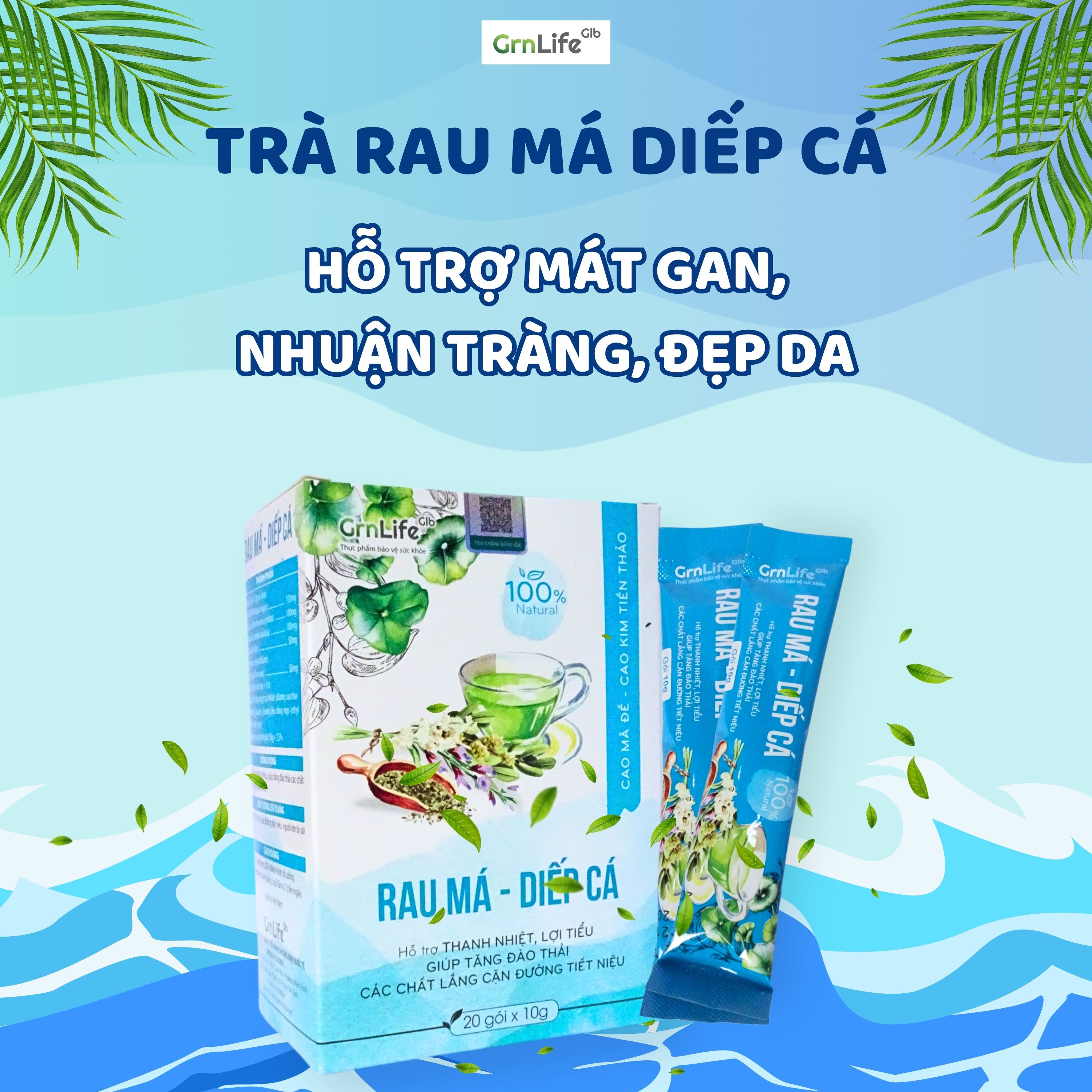 Trà rau má diếp cá GrnLife (Hộp 20 gói x 10g) - Thanh nhiệt, nhuận tràng, giảm trĩ, giảm mụn