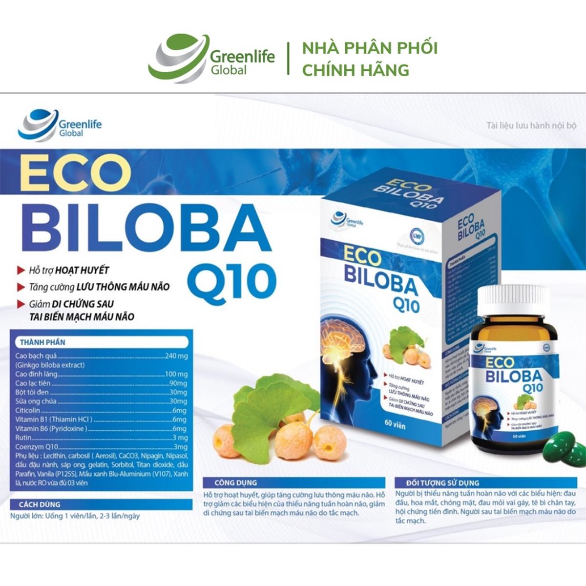 Viên uống bổ não GrnLife Eco Biloba Q10 Ginkgo 240mg - Lưu thông, tuần hoàn máu não