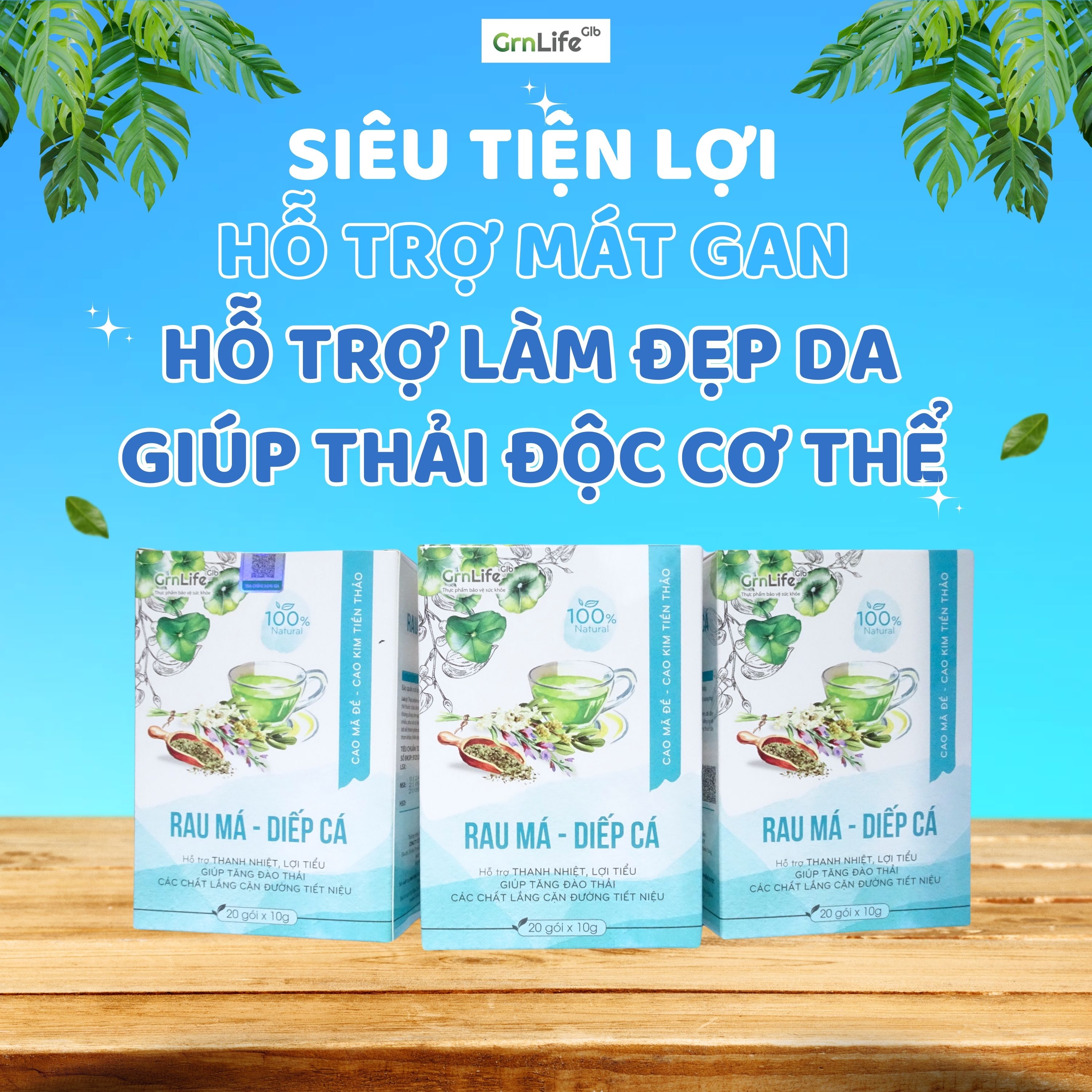 Trà rau má diếp cá GrnLife (Hộp 20 gói x 10g) - Thanh nhiệt, nhuận tràng, giảm trĩ, giảm mụn