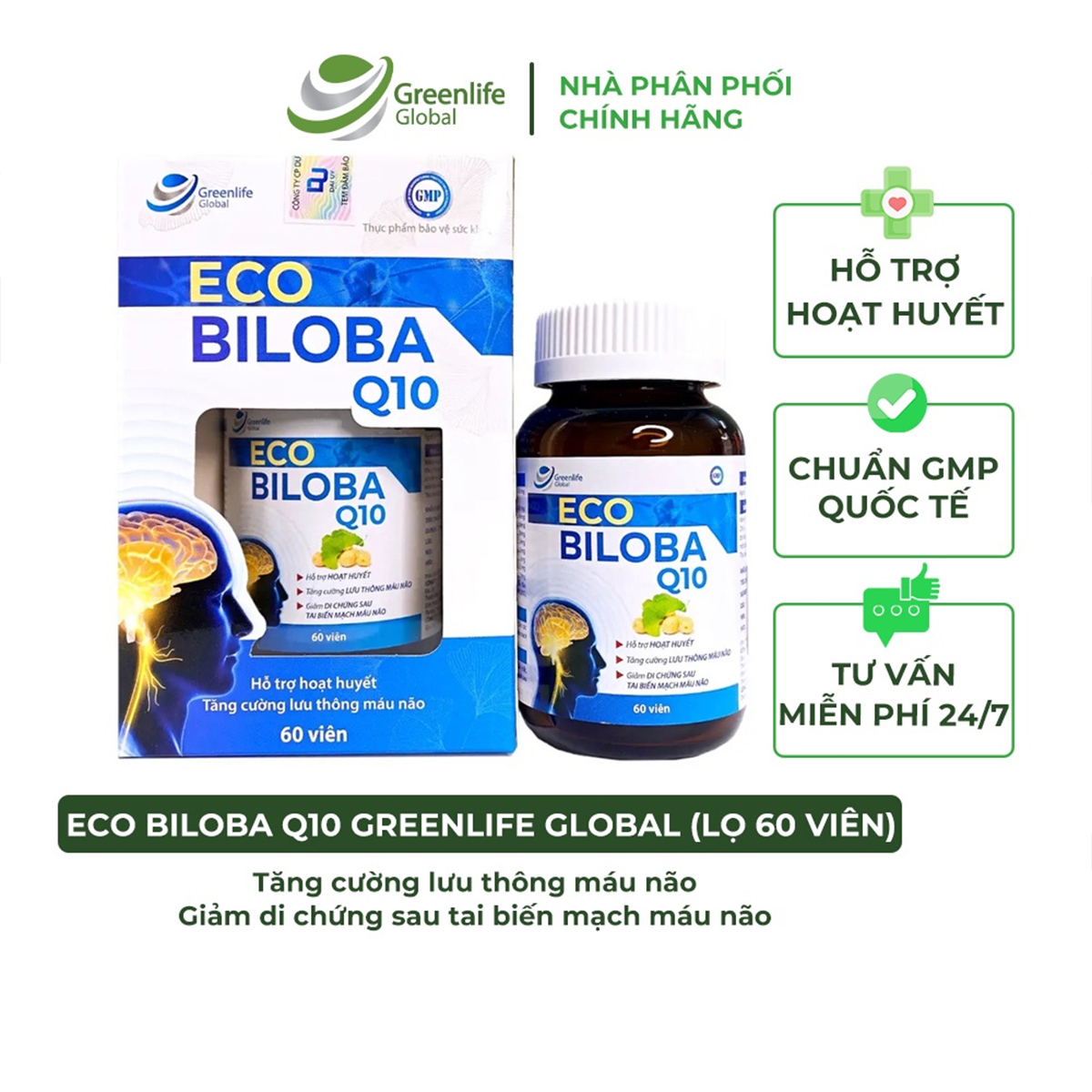 Viên uống bổ não GrnLife Eco Biloba Q10 Ginkgo 240mg - Lưu thông, tuần hoàn máu não