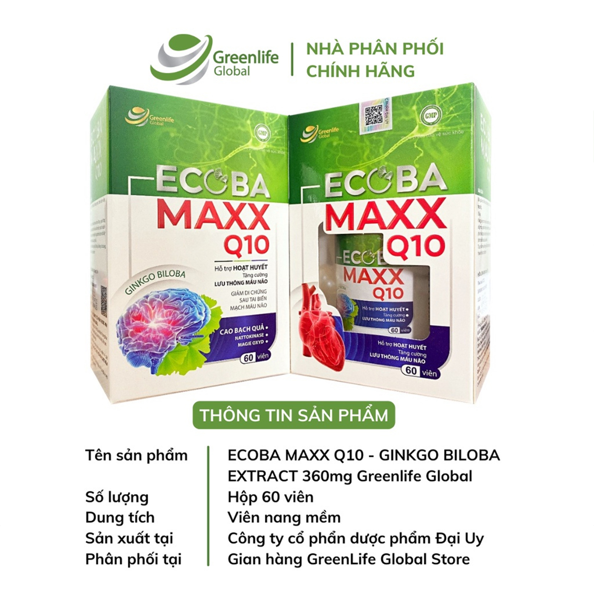 Viên uống bổ não GrnLife Ecoba Maxx Q10 Ginkgo 360mg - lưu thông, tuần hoàn máu não