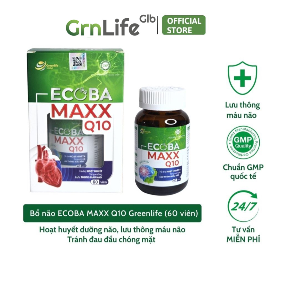Viên uống bổ não GrnLife Ecoba Maxx Q10 Ginkgo 360mg - lưu thông, tuần hoàn máu não