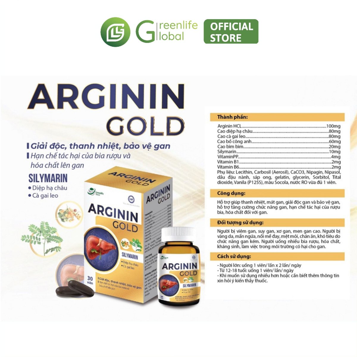 Viên uống bổ gan GrnLife Arginin Gold  - Hỗ trợ tăng cường chức năng gan, thanh nhiệt, giải độc gan
