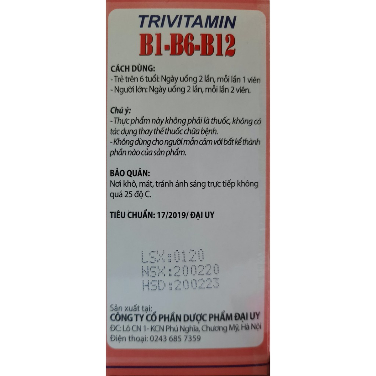 Vitamin 3B B1-B6-B12 Đại Uy (Hộp 10 vỉ x 10 viên nén)