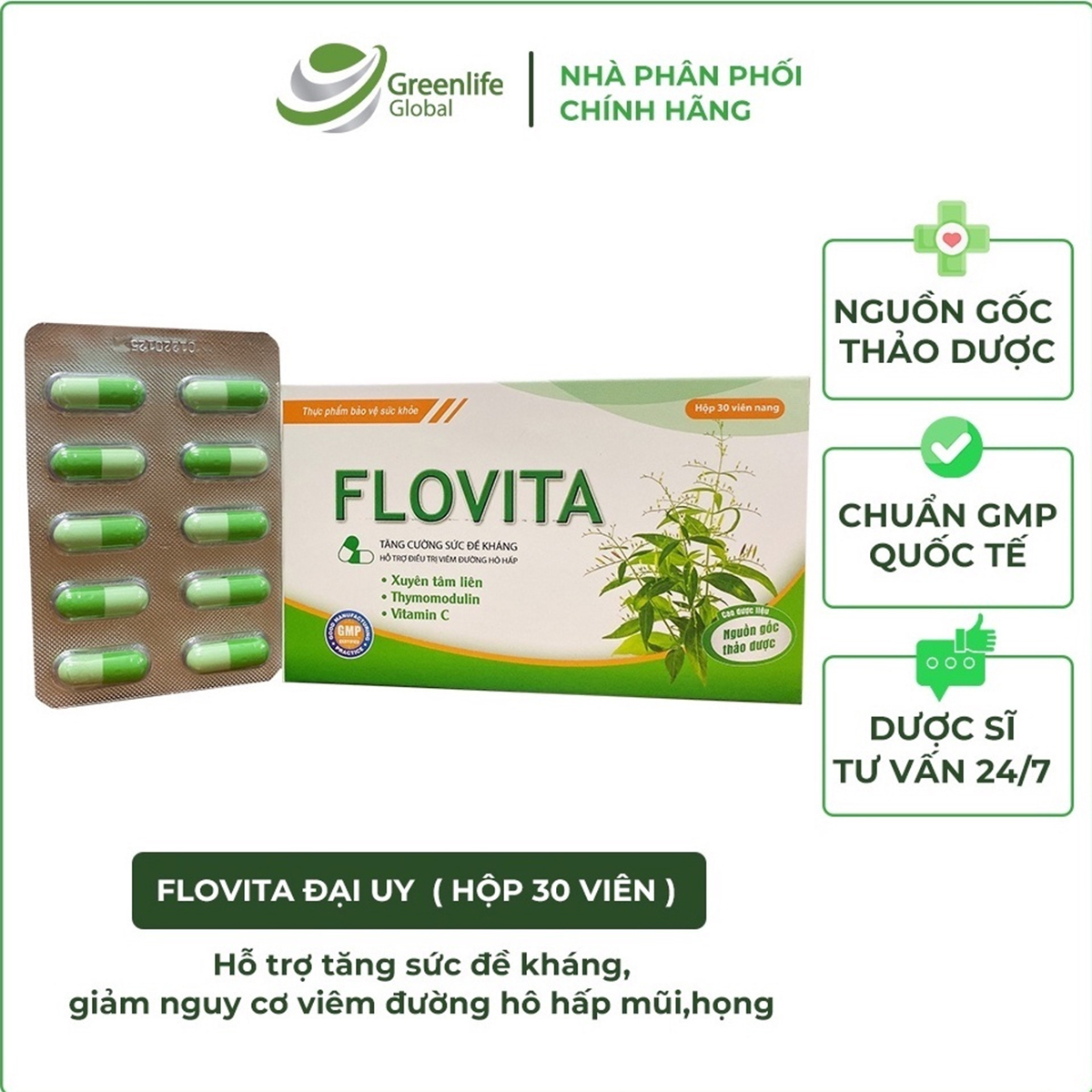Viên uống cảm cúm Xuyên Tâm Liên FLOVITA DAI UY - hỗ trợ giảm viêm hô hấp, tăng sức đề kháng