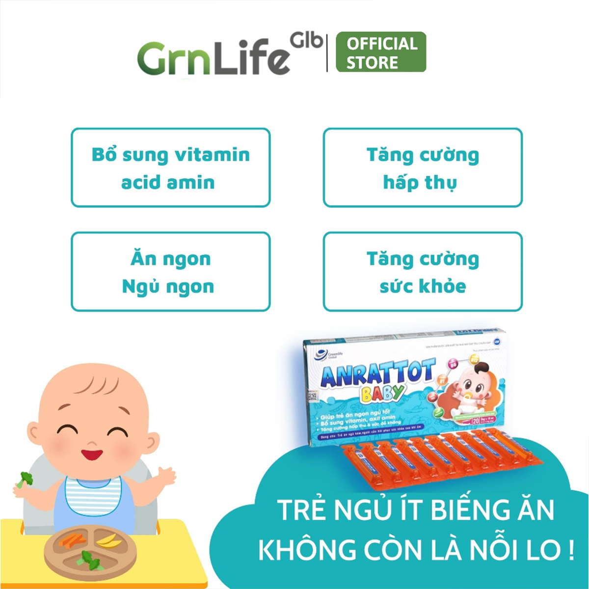 Siro ăn ngon cho bé GrnLife Anrattot Baby - giúp bé ngủ ngon, tăng cân tăng đề kháng, giảm biếng ăn
