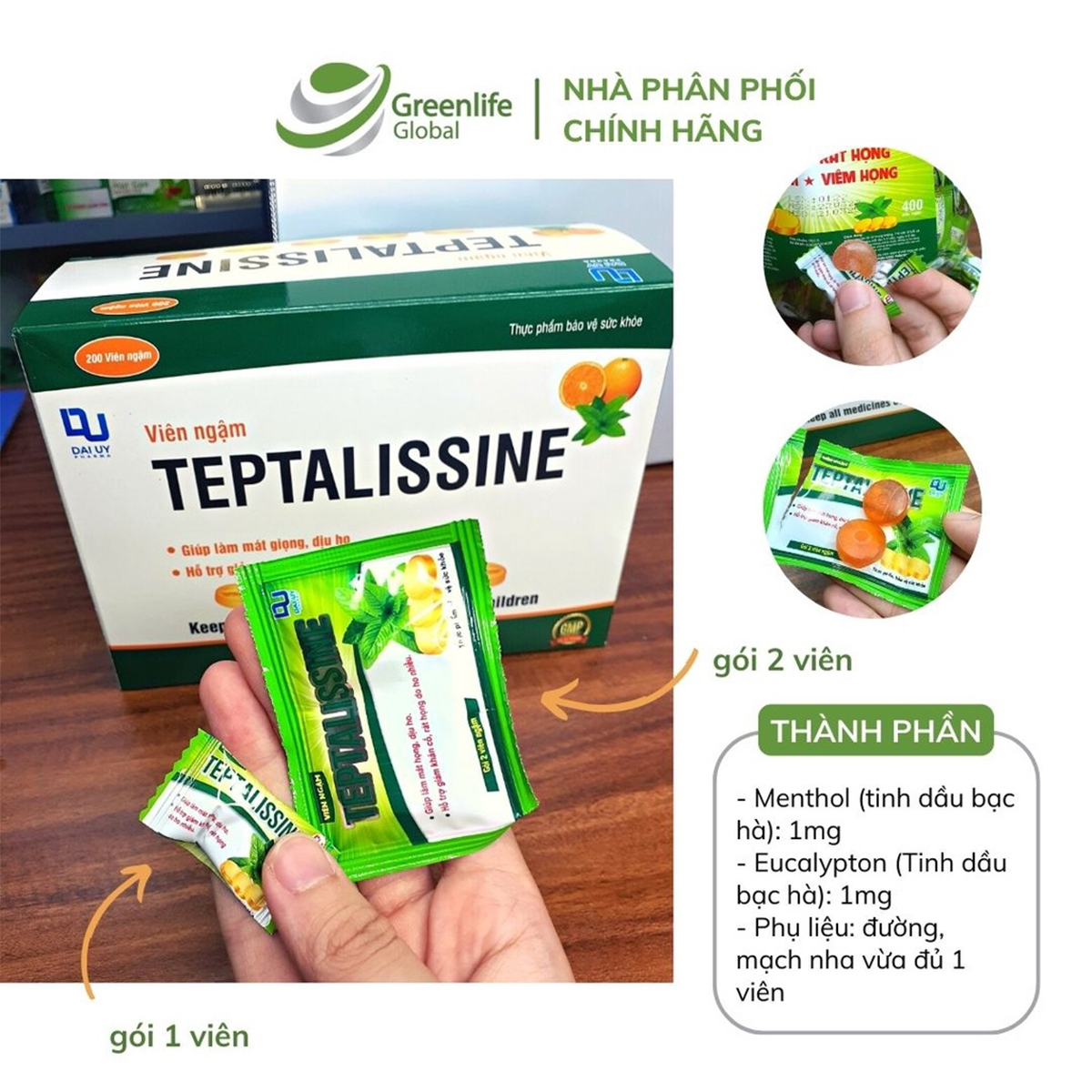 Kẹo ngậm ho Teptalissine DAI UY - Hỗ trợ giảm rát họng, khản tiếng, dịu họng (vị bạc hà hương tràm)