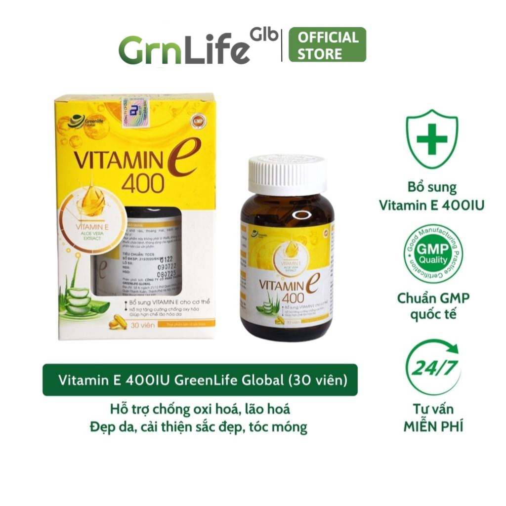 Vitamin E 400IU GrnLife - viên nang mềm đẹp da, tinh dầu lô hội chống lão hóa, lọ 30 viên chính hãng