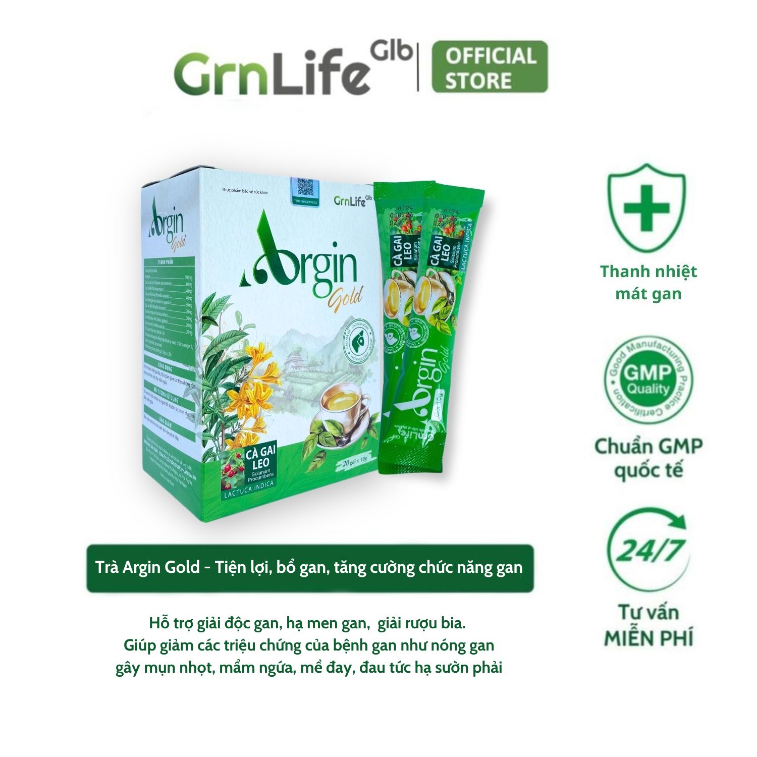 Trà cà gai leo Argin Gold Grnlife - Thanh nhiệt, mát gan, giảm mụn (Hộp 20 gói)
