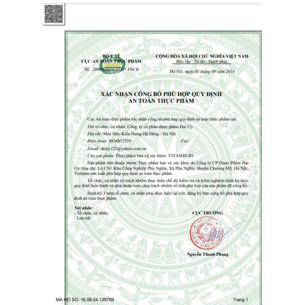 Vitamin B1 hộp Đại Uy (vỉ 100 viên) - Bổ sung vitamin B1 cho cơ thể