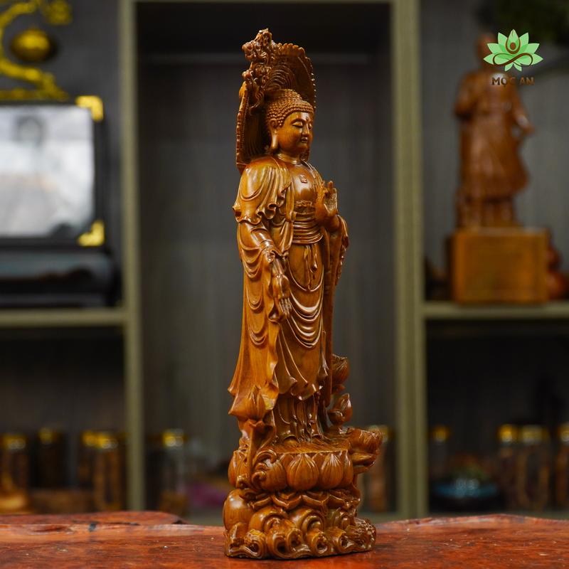 Tượng Phật A Di Đà Ngự Liên Hoa Gỗ Bách Xanh Mộc Châu