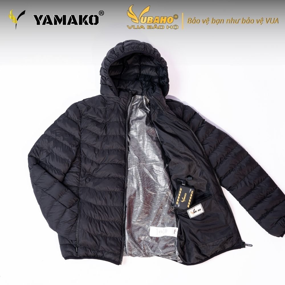 Áo sưởi Yamako 7 vùng màu đen mở khóa kéo, thấy lớp lót màu bạc bên trong