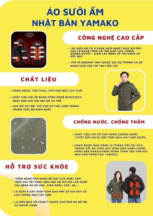 Áo sưởi Ấm Super Heating Yamako 9 vùng sưởi nhiệt màu XANH THAN