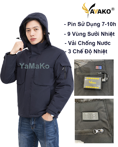 Áo sưởi Ấm Super Heating Yamako 9 vùng sưởi nhiệt màu XANH THAN