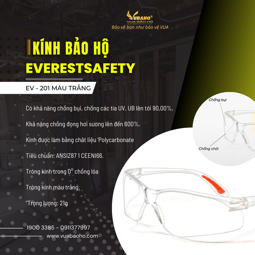 Ảnh giới thiệu kính bảo hộ Everest Safety EV-201 màu trắng, tròng trong, chất liệu Polycarbonate