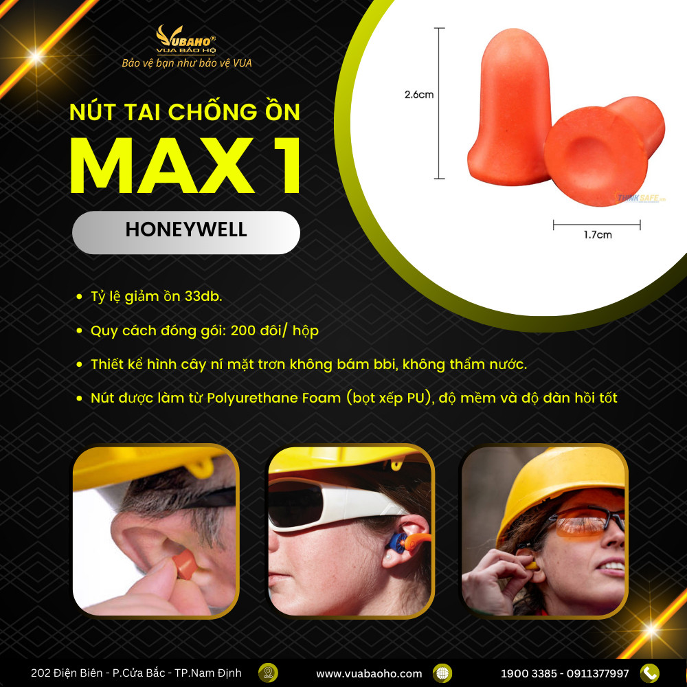 Ảnh giới thiệu nút tai chống ồn Max 1 Honeywell màu cam, kèm hình hướng dẫn đeo