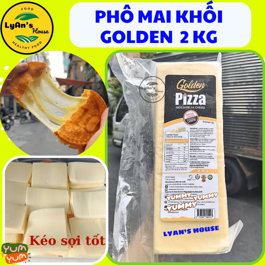 Phô Mai Khối GOLDEN 2kg – Kéo Sợi Tốt, Giá Tốt, Làm Pizza, Hotdog, Bánh Đồng Xu