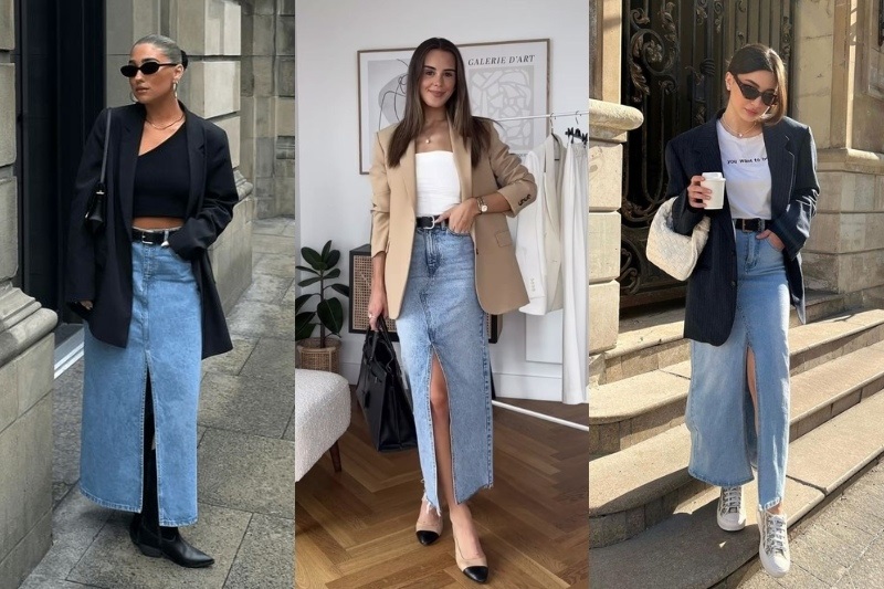 chân váy jean dài phối với áo gì​