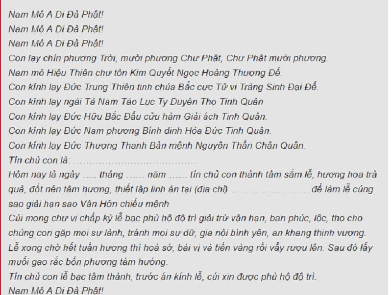 nguyên mẫu bài văn khấn để chủ mệnh cúng sao giải hạn