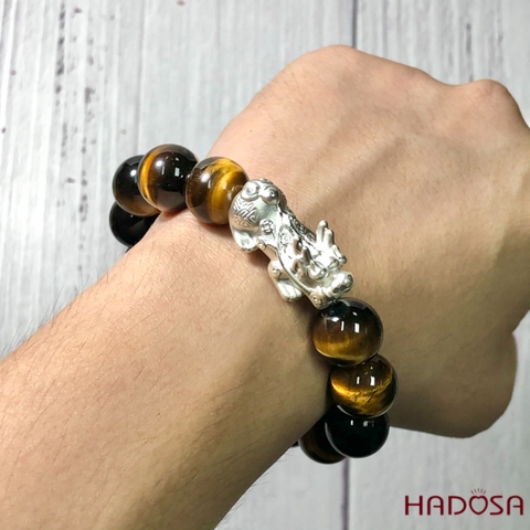 Vòng Thạch Anh Mắt Hổ vàng nâu 14mm mix tỳ hưu bạc