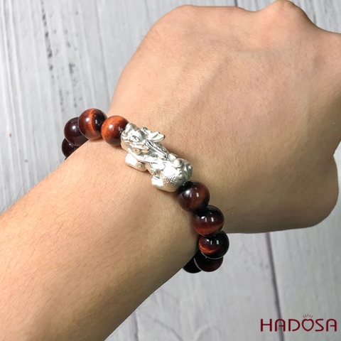 Vòng thạch anh mắt hổ nâu đỏ 10mm mix tỳ hưu bạc