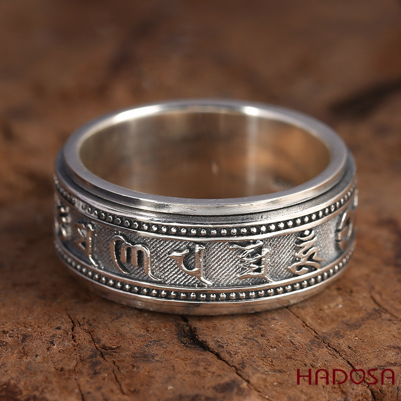 Nhẫn bạc Thái Om mani Padme hum xoay