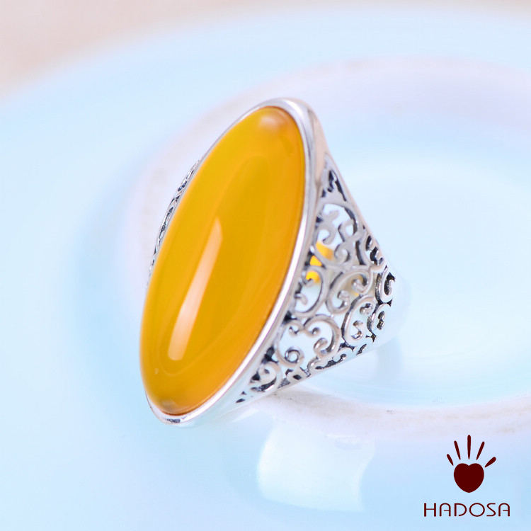 Nhẫn bạc Thái 925 đá Chalcedony vàng size 13