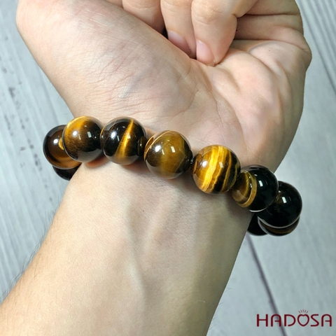 Vòng Thạch Anh Mắt Hổ vàng nâu 14mm mix tỳ hưu bạc