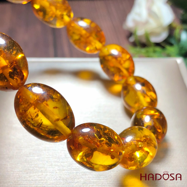 Vòng Hổ Phách Baltic vàng cognac hạt olive 11*14