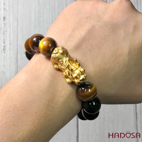 Vòng Thạch Anh Mắt Hổ vàng nâu 14mm mix tỳ hưu bạc mạ vàng