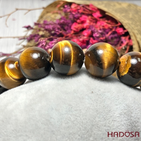 Vòng Thạch Anh Mắt Hổ vàng nâu 14mm mix tỳ hưu bạc