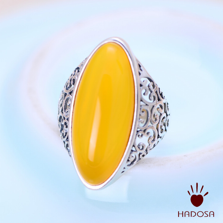 Nhẫn bạc Thái 925 đá Chalcedony vàng size 13