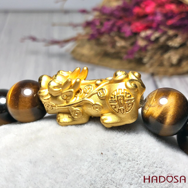 Vòng Thạch Anh Mắt Hổ vàng nâu 12mm Tỳ Hưu bạc mạ vàng