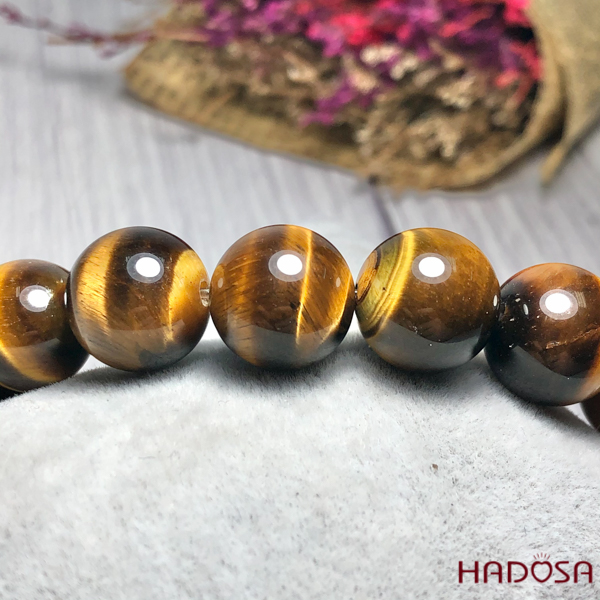 Vòng Thạch Anh Mắt Hổ vàng nâu 12mm Tỳ Hưu bạc mạ vàng