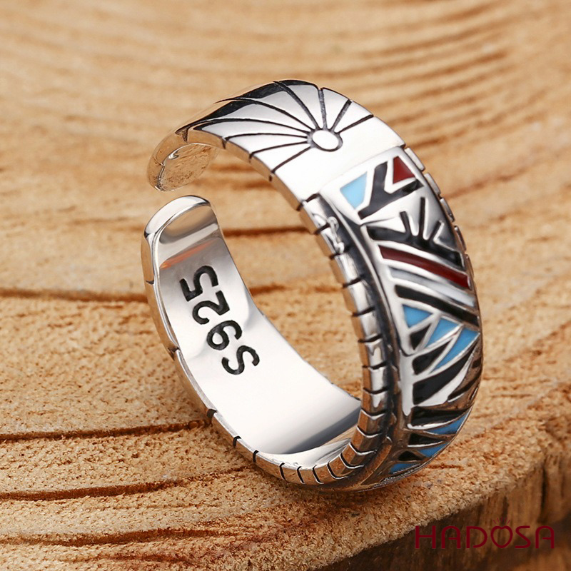 Nhẫn bạc Thái mở họa tiết hình học bộ lạc