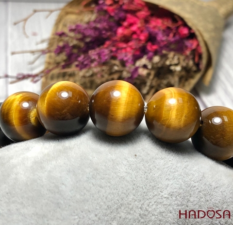 Vòng Thạch Anh Mắt Hổ vàng nâu 14mm mix tỳ hưu bạc mạ vàng