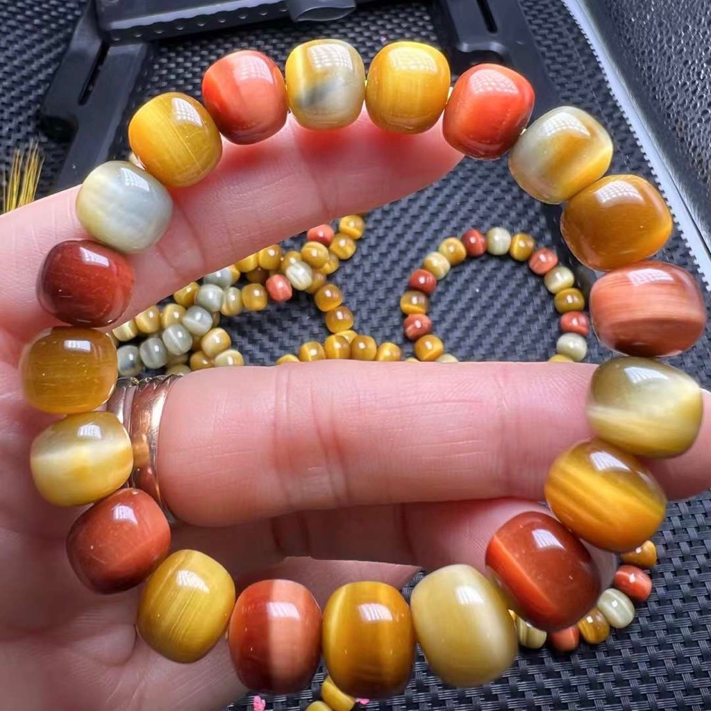 Vòng đá Mắt Hổ Tam Tài hạt trụ 12mm chuẩn 6A