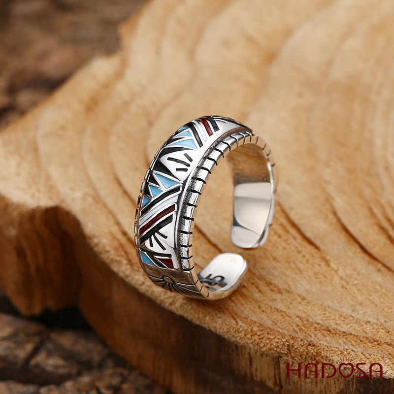 Nhẫn bạc Thái mở họa tiết hình học bộ lạc