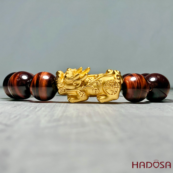 Vòng Thạch Anh Mắt Hổ nâu đỏ 14mm tỳ hưu bạc mạ vàng