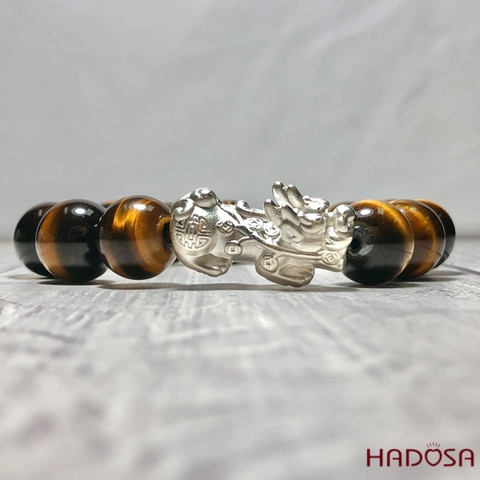 Vòng Thạch Anh Mắt Hổ vàng nâu 14mm mix tỳ hưu bạc