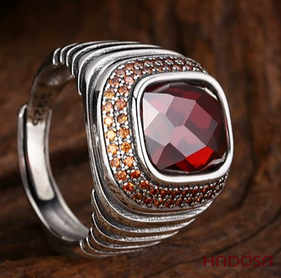 Nhẫn nam bạc Thái Đá Đỏ Zircon 18mm