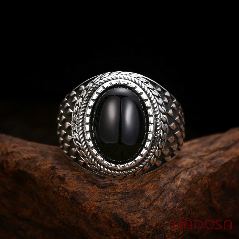 Nhẫn Nam Bạc Thái 925 Hắc Thạch Oval Vảy Giáp Bảo Hộ