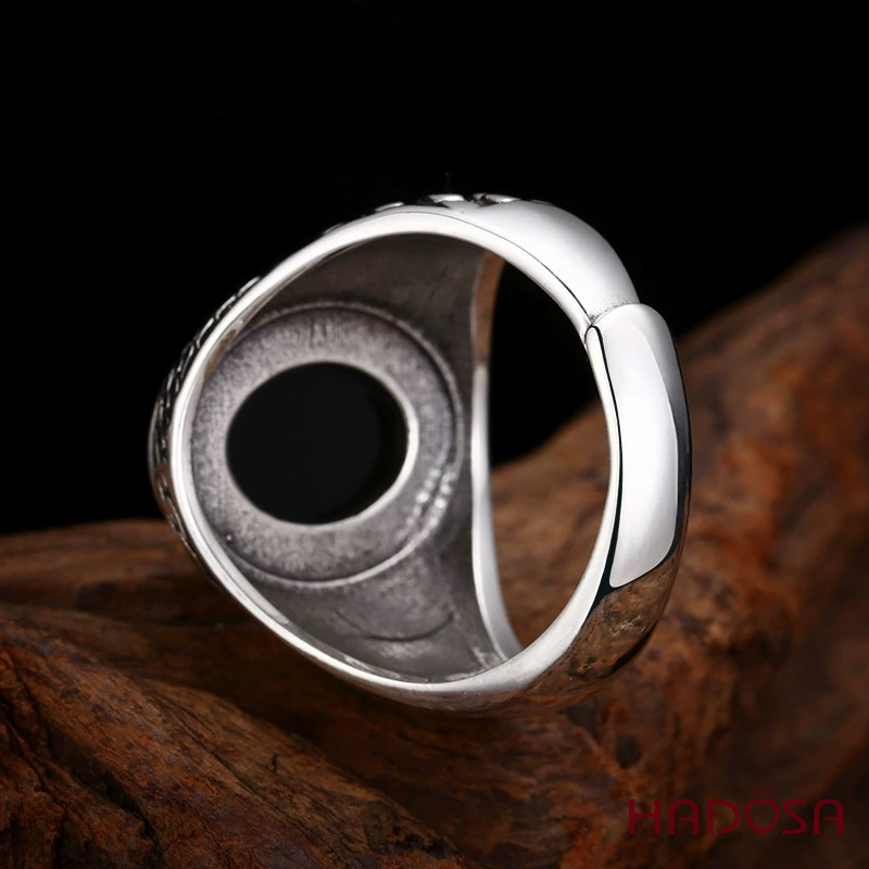 Nhẫn Nam Bạc Thái 925 Hắc Thạch Oval Vảy Giáp Bảo Hộ