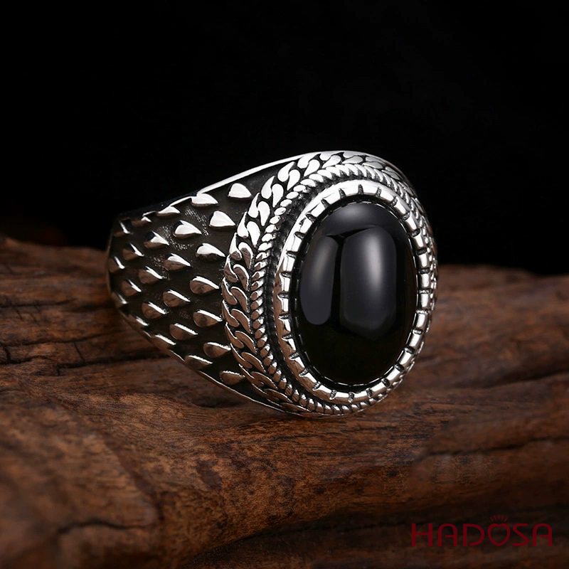 Nhẫn Nam Bạc Thái 925 Hắc Thạch Oval Vảy Giáp Bảo Hộ
