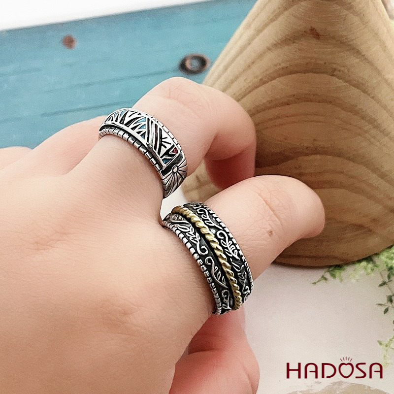 Nhẫn bạc Thái mở họa tiết hình học bộ lạc