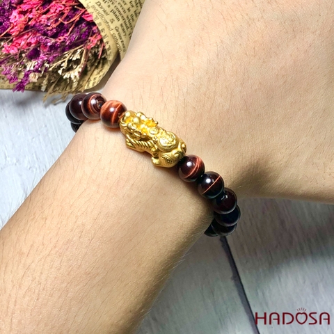 Vòng Thạch Anh Mắt Hổ nâu đỏ 8mm mix tỳ hưu bạc mạ vàng