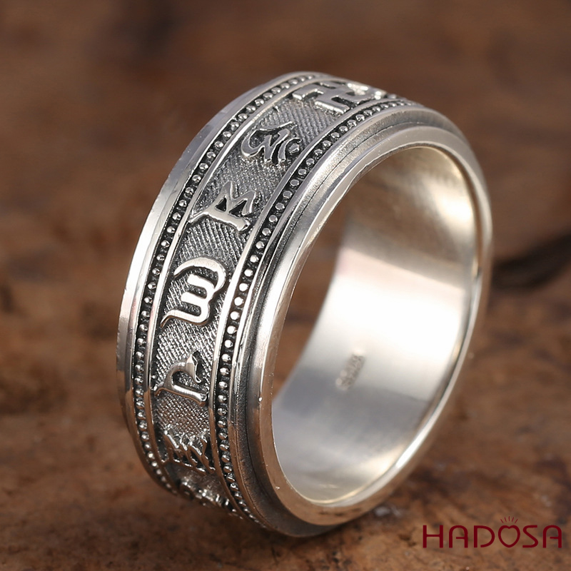 Nhẫn bạc Thái Om mani Padme hum xoay